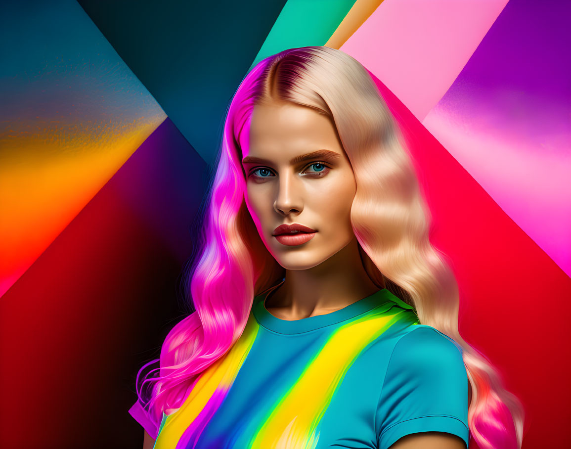 Vibrant pink-haired woman in colorful t-shirt on geometric background