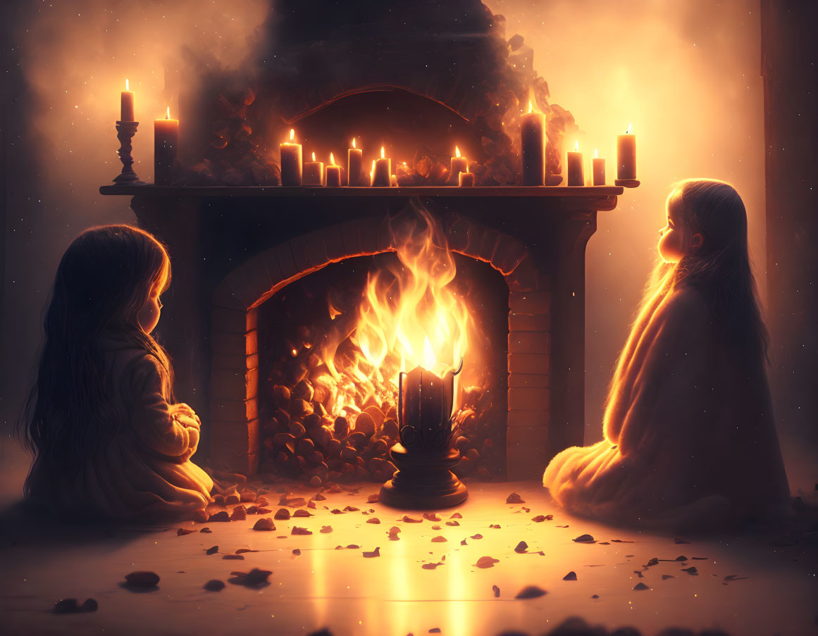 Girls sitting in front of a fireplace.