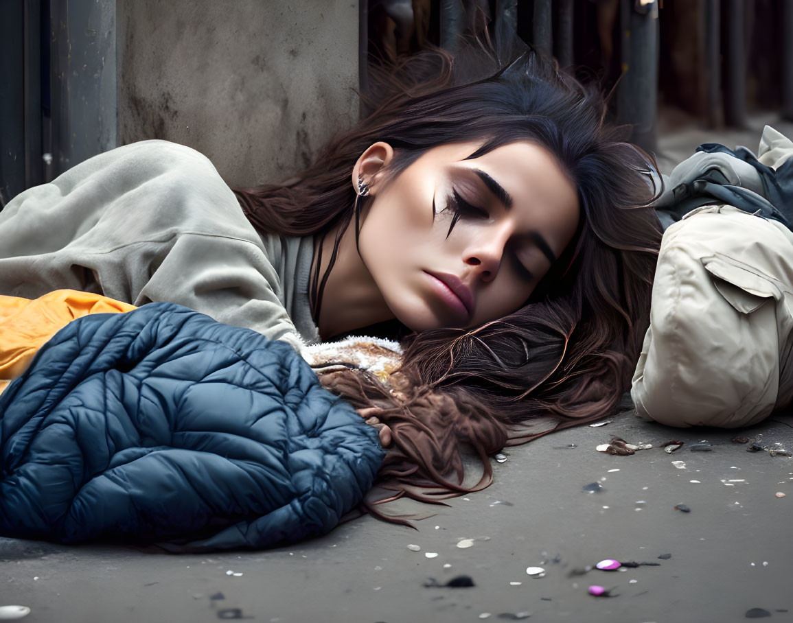Young woman is sleeping on the street.