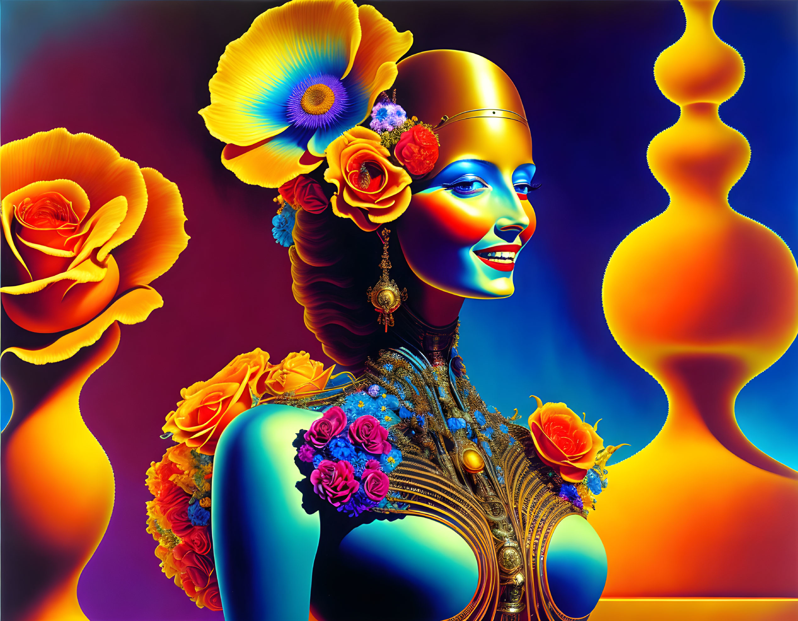 Colorful digital artwork: Woman with floral adornments and golden helmet on abstract background