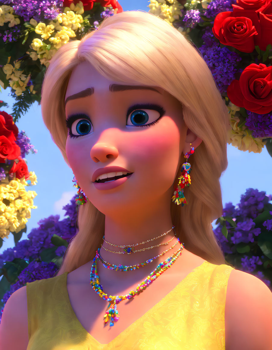 Blonde Female Character with Blue Eyes and Colorful Jewelry in Vibrant Flower Setting