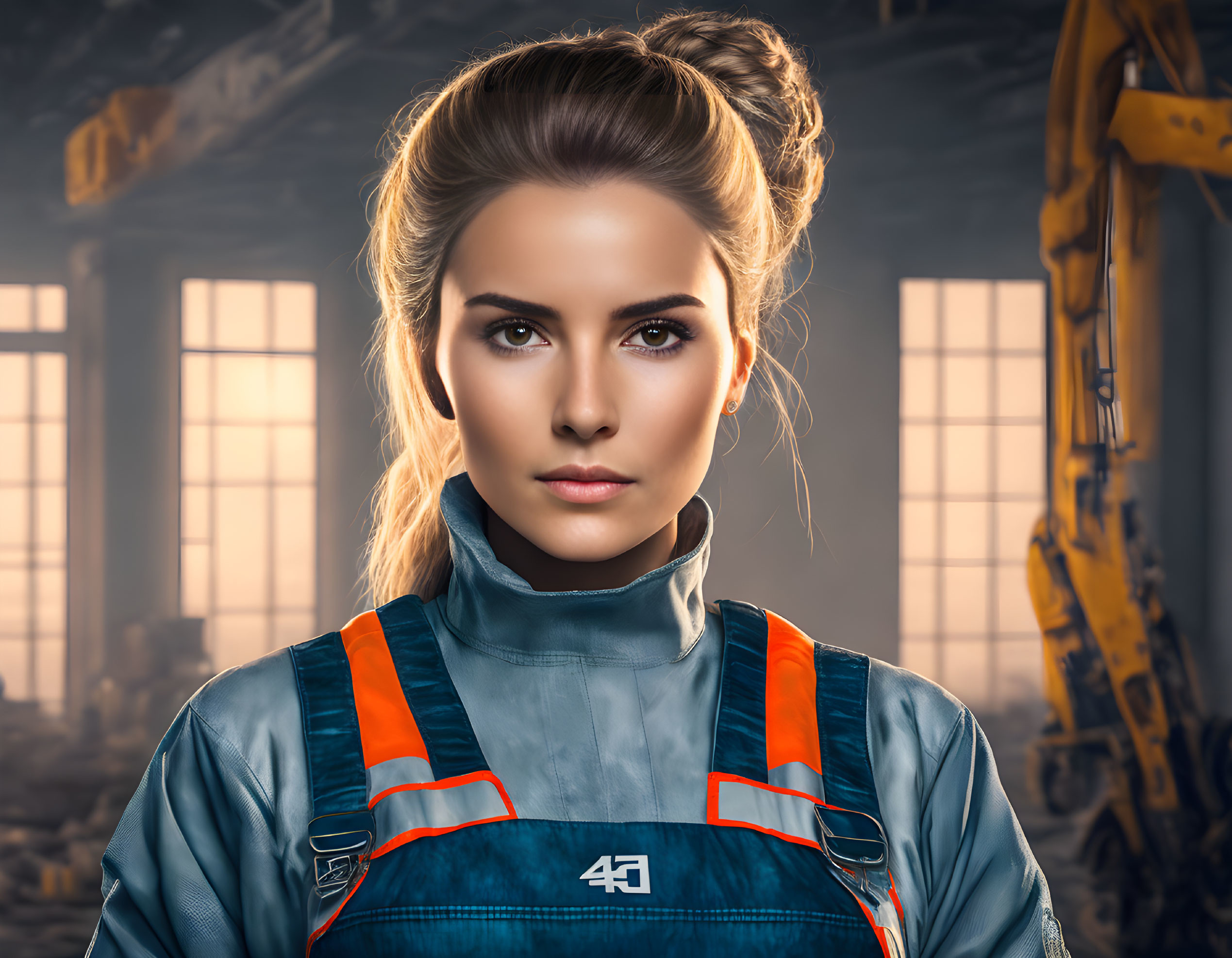 Confident woman in blue and orange jumpsuit in industrial setting