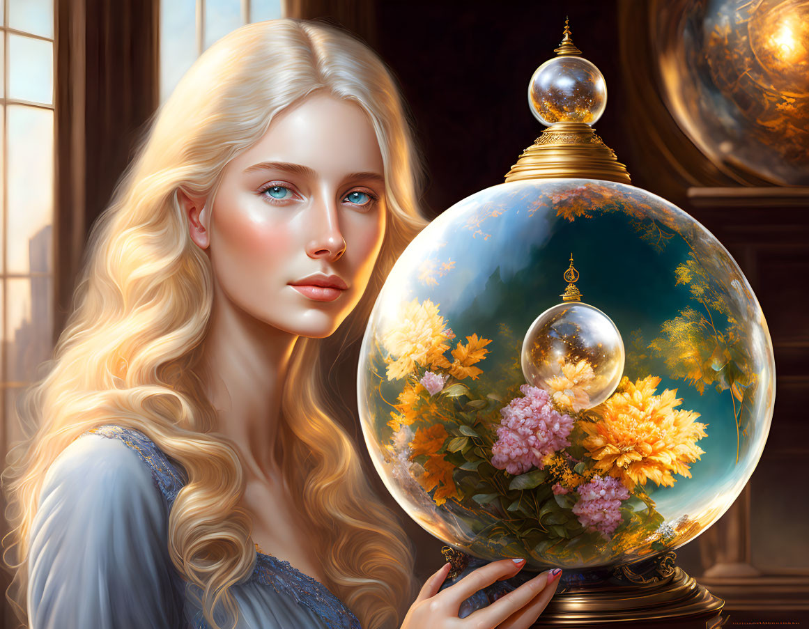 Blonde young lady holds a glass sphere.