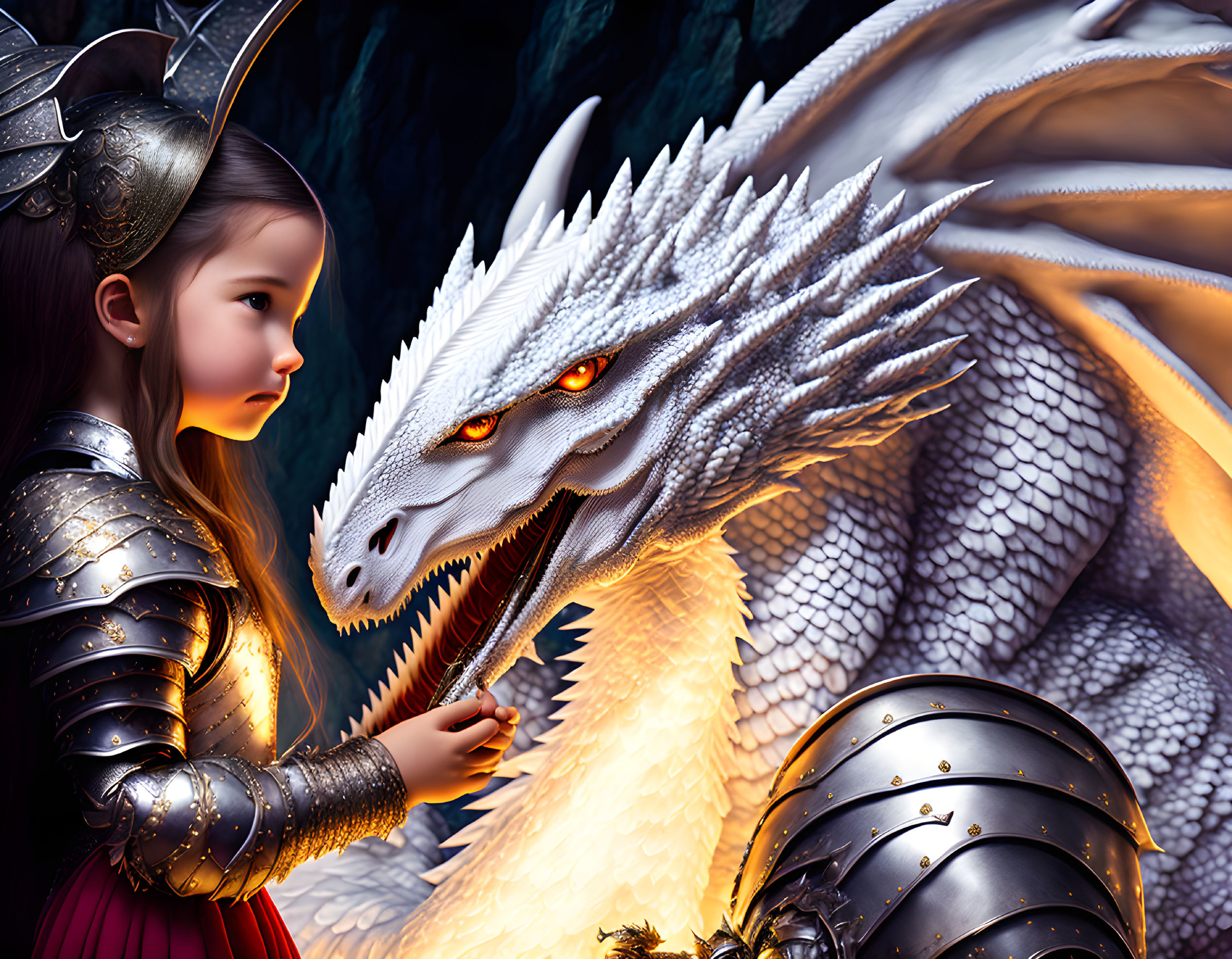 A girl is petting a white dragon in a cave.