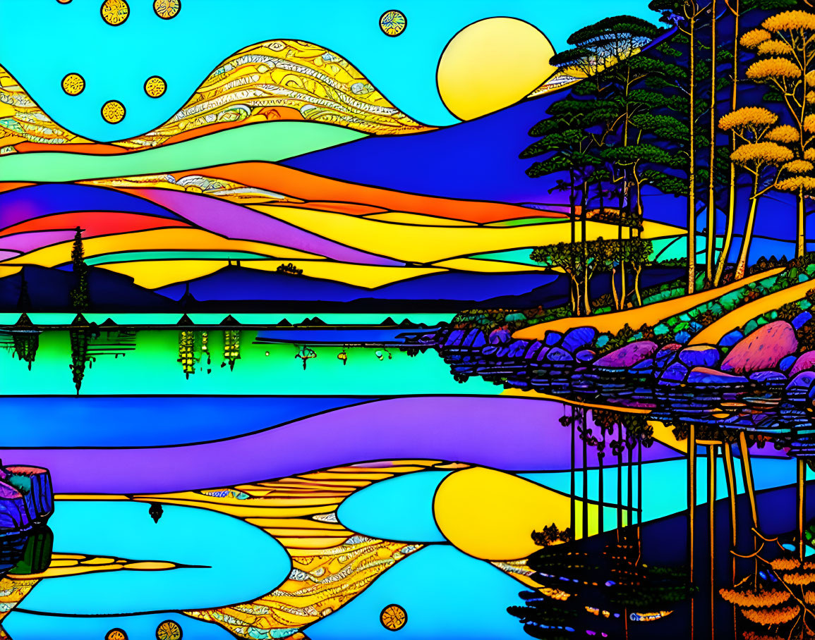 A colorful landscape is reflected in the lake.