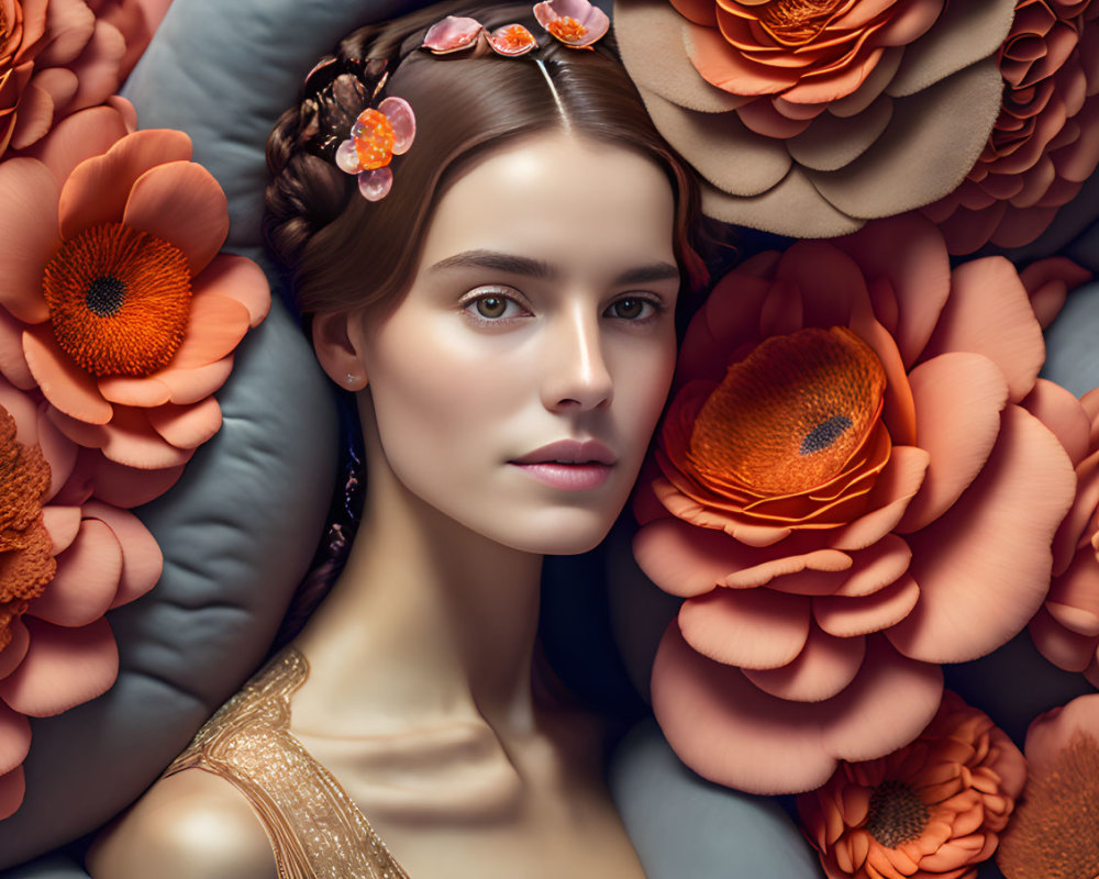 Woman with Flowers in Hair Surrounded by Peach and Orange Blooms
