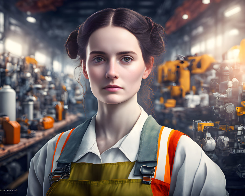 Brown-haired woman in work overalls poses in factory with robotic arms