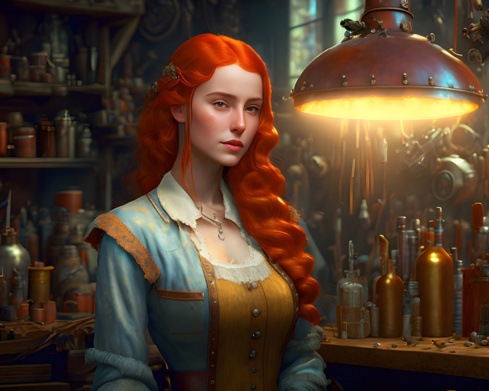 Red-Haired Woman in Historical Attire Surrounded by Potion Bottles in Warmly Lit Room