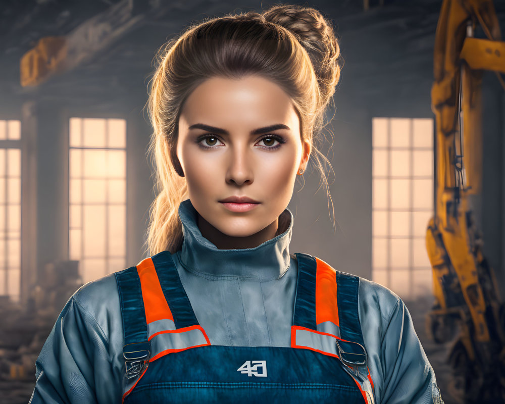 Confident woman in blue and orange jumpsuit in industrial setting