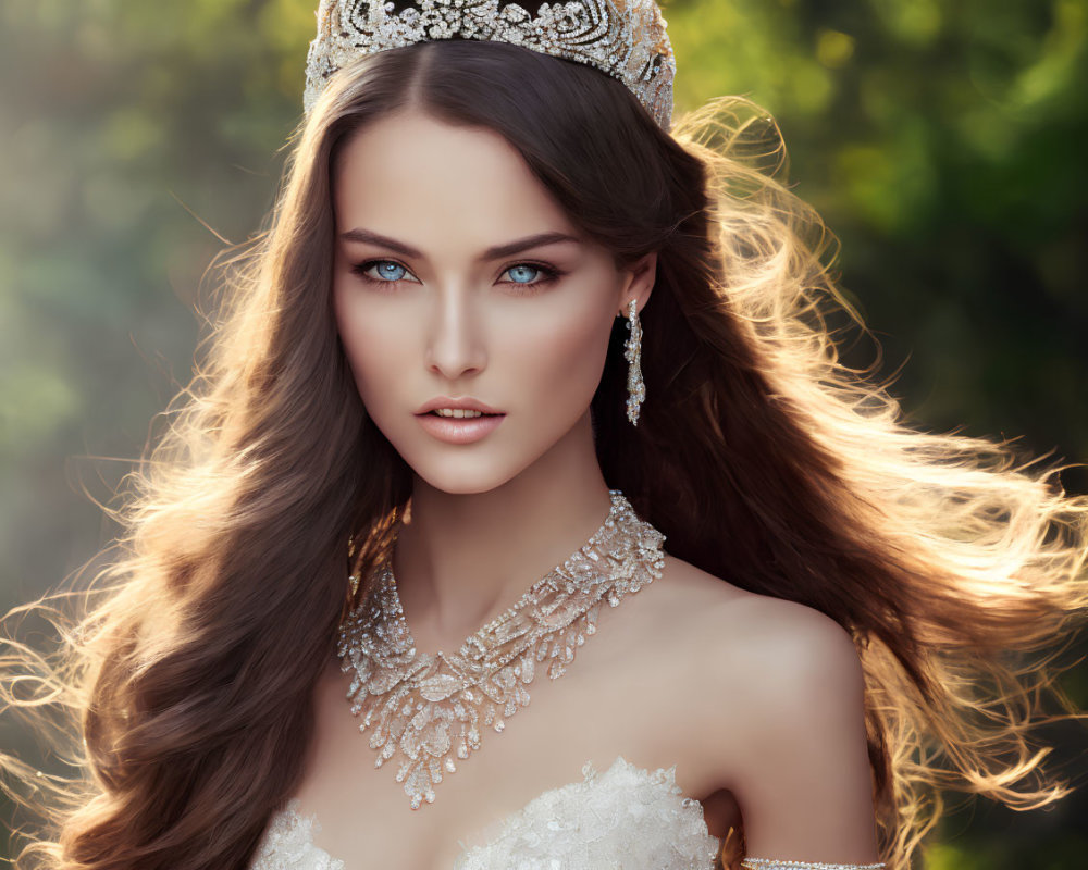 Regal woman in bridal attire with flowing hair and tiara.