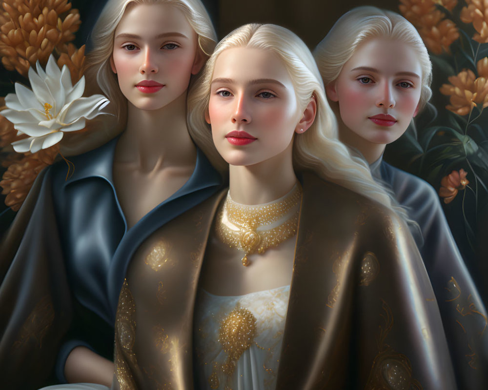Ethereal Women with Blonde Hair in Golden Attire Surrounded by Flowers