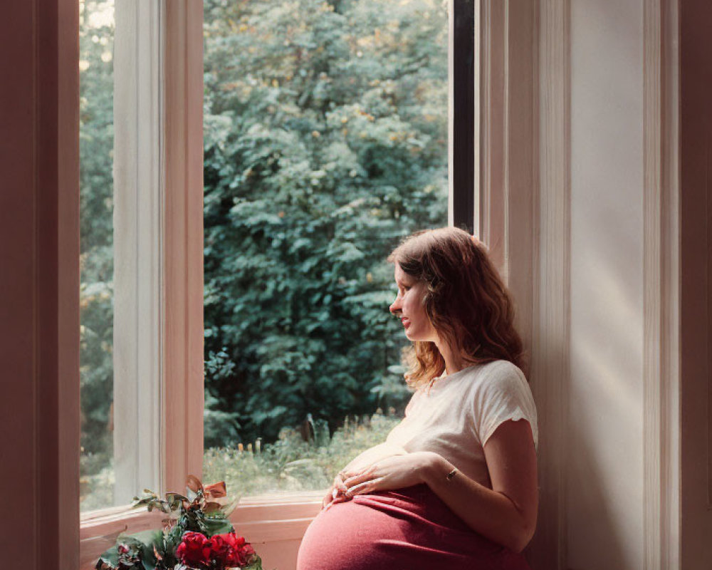 Pregnant person sitting by window with natural light and potted plant