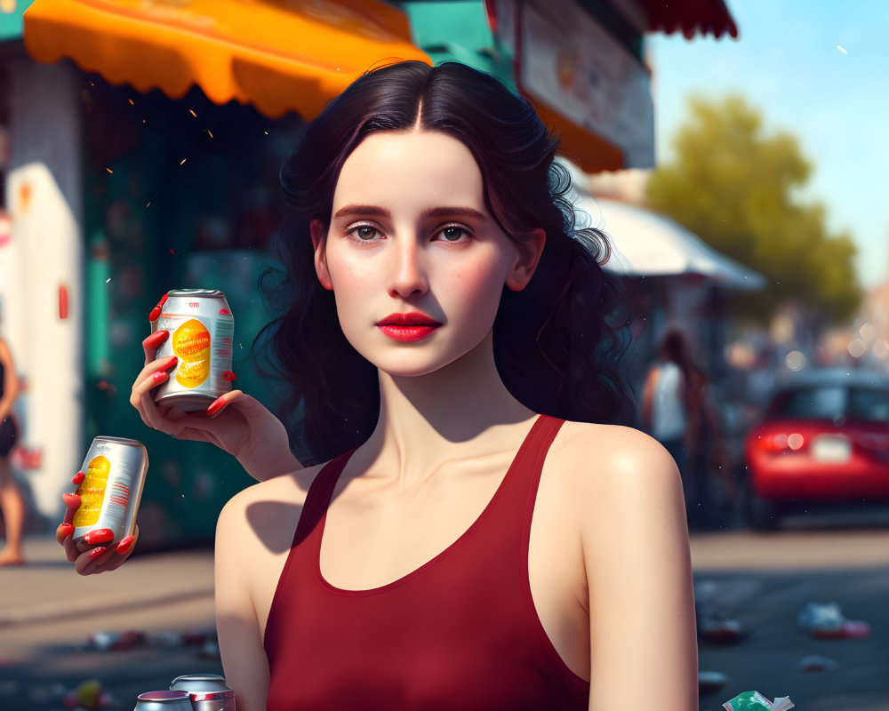 Woman in red top holding beverage can on sunny street with market background.