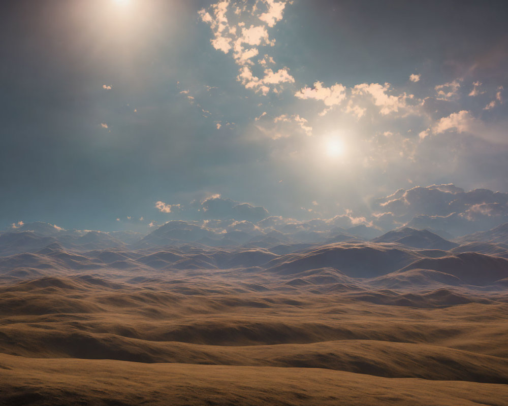 Sunlight through clouds on vast desert landscape with sandy hills and mountains