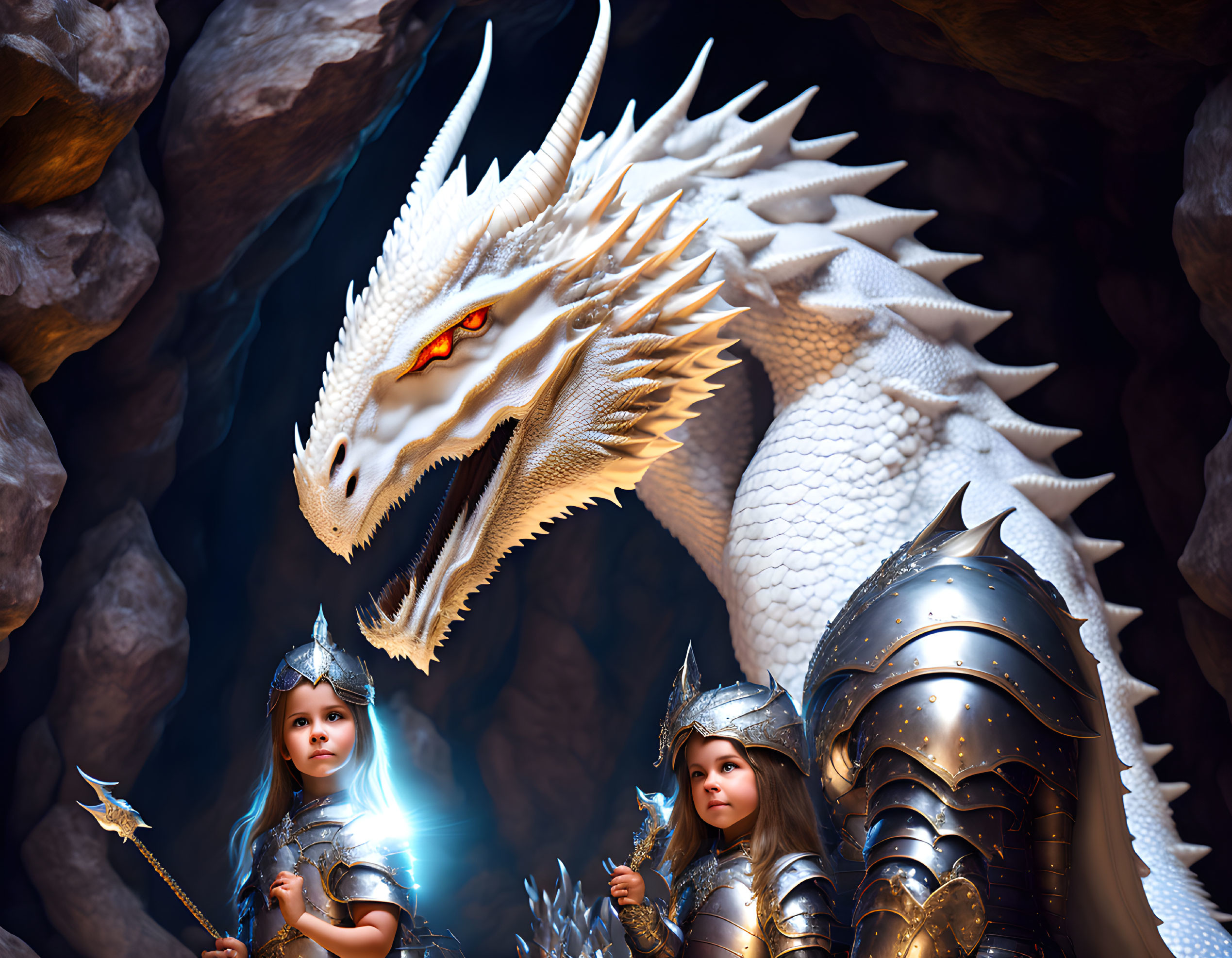 Girls with the wihte dragon in a cave.