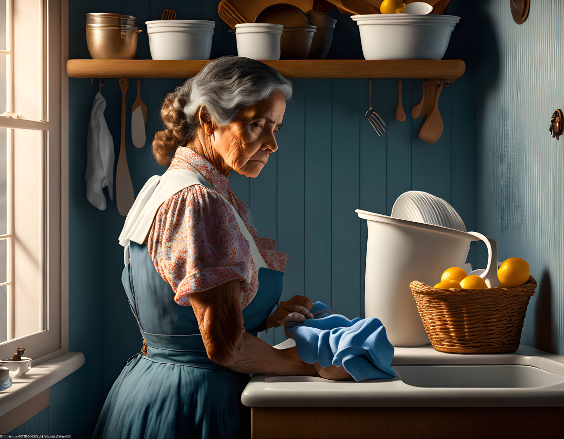 Old woman in the kitchen is washing fruits.