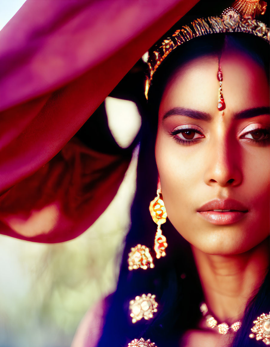 Traditional South Asian woman in red veil and jewelry gazing thoughtfully.