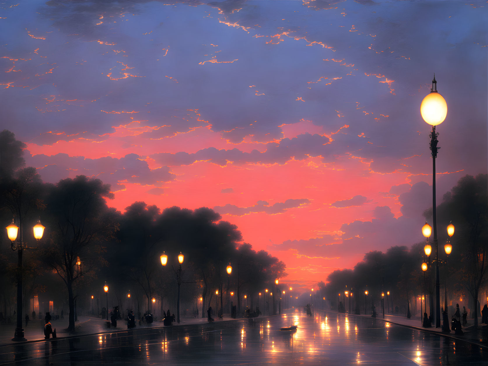 Romantic evening scene with glowing streetlights on a promenade at dusk