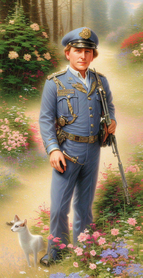 Uniformed officer in blue and gold ceremonial attire with white dog in flower-filled forest.