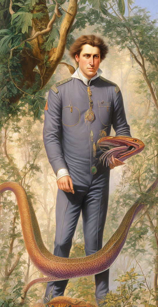 19th-Century Military Man Portrait with Serpent in Forest Setting