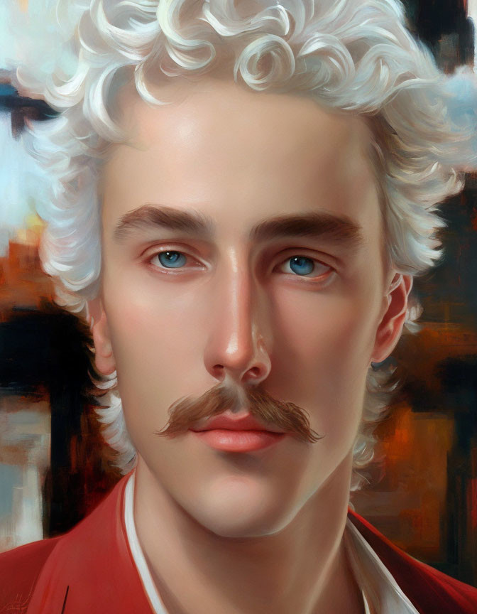 Stylized digital portrait of a man with white curly hair, mustache, blue eyes, red