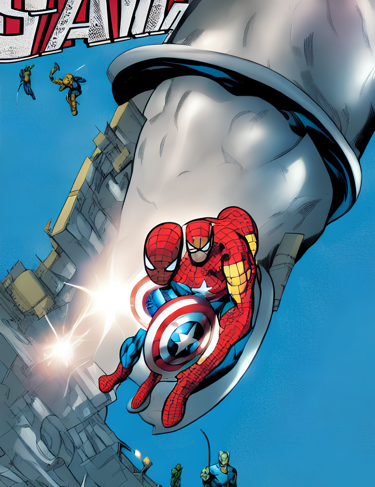 Superhero Spider-Man on Captain America's shield in mid-air with debris and characters around.