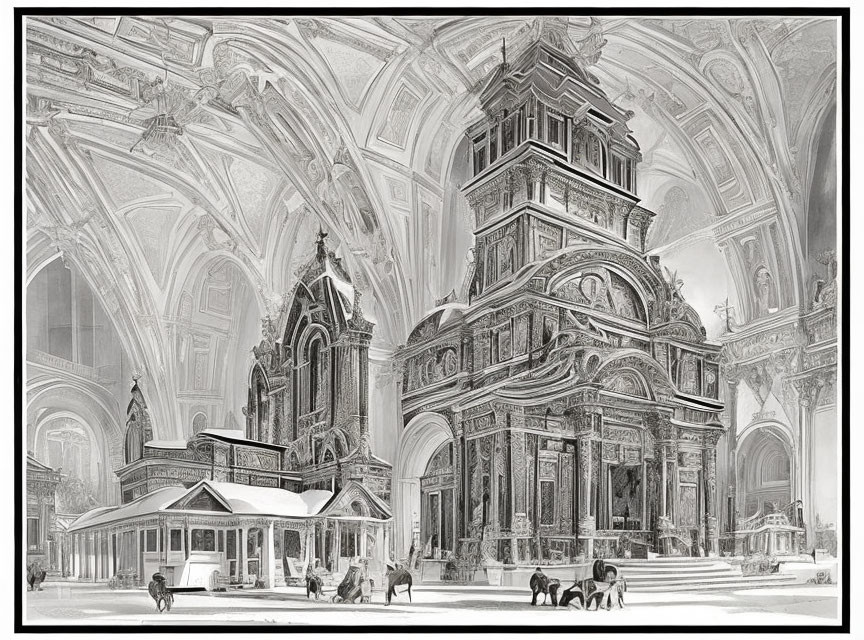 Detailed black and white drawing of opulent interior with vaulted ceilings and people.