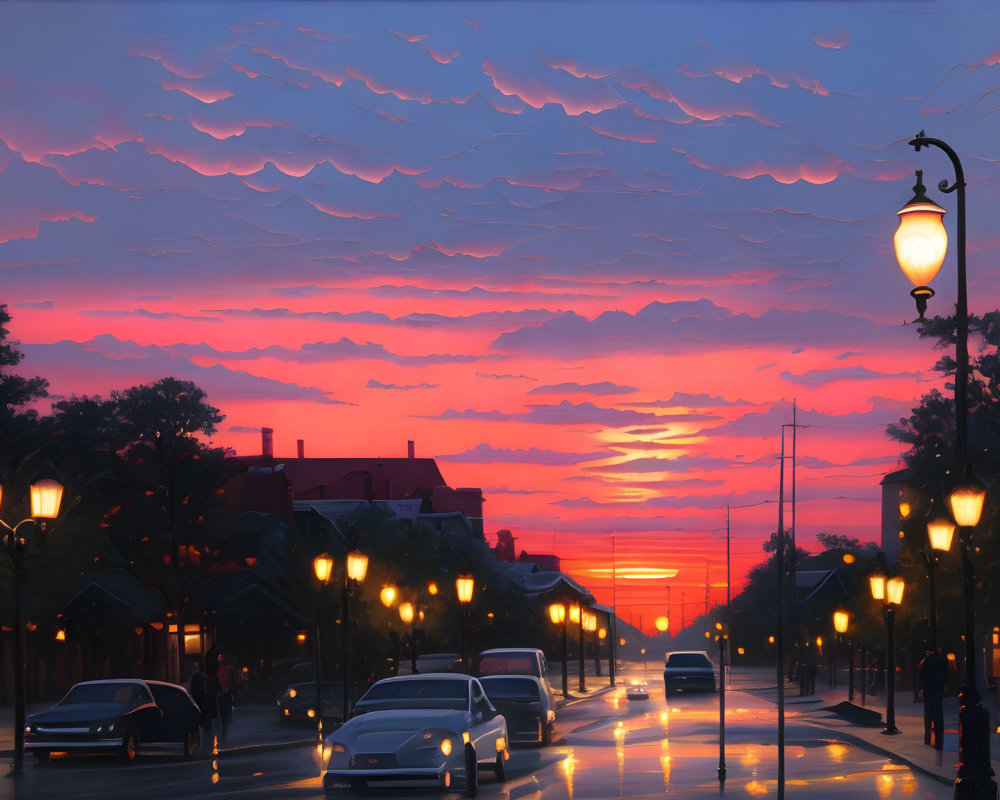 Vibrant pink and orange sunset over illuminated street with cars