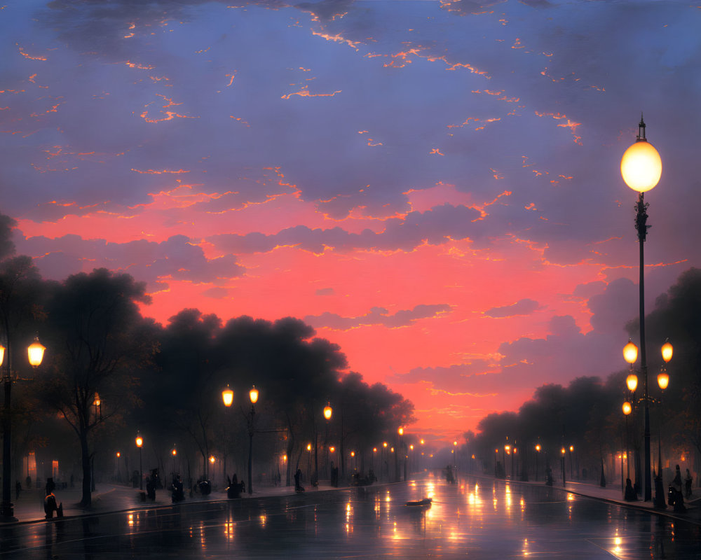 Romantic evening scene with glowing streetlights on a promenade at dusk
