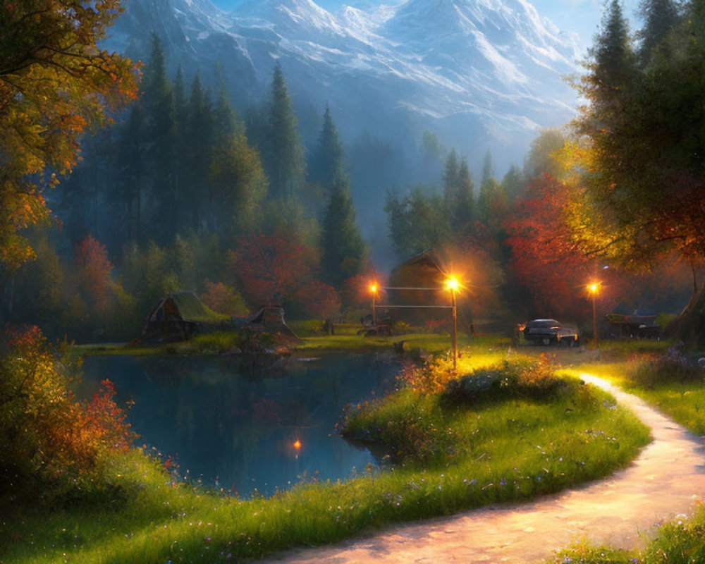 Autumnal cabin and car by lake with street lamps and mountains.