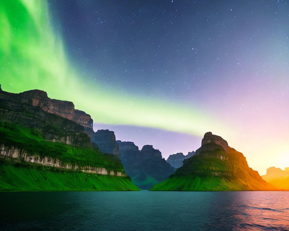 Tranquil lake with green aurora borealis over layered rock formations at twilight