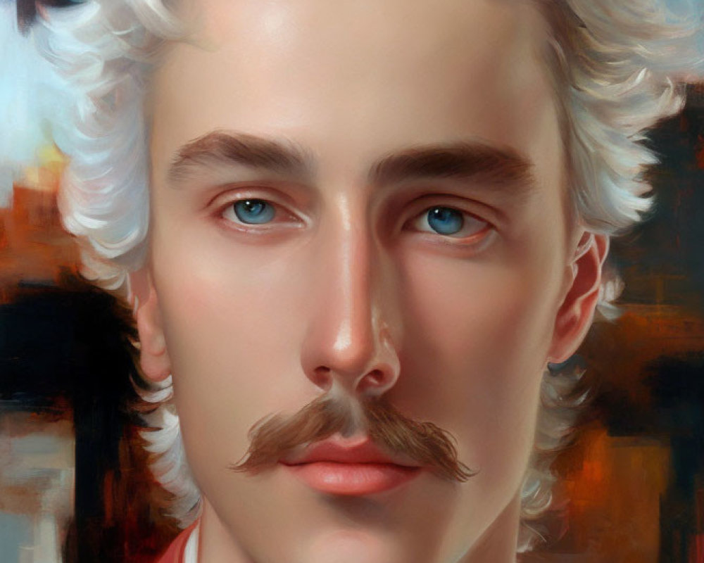 Stylized digital portrait of a man with white curly hair, mustache, blue eyes, red