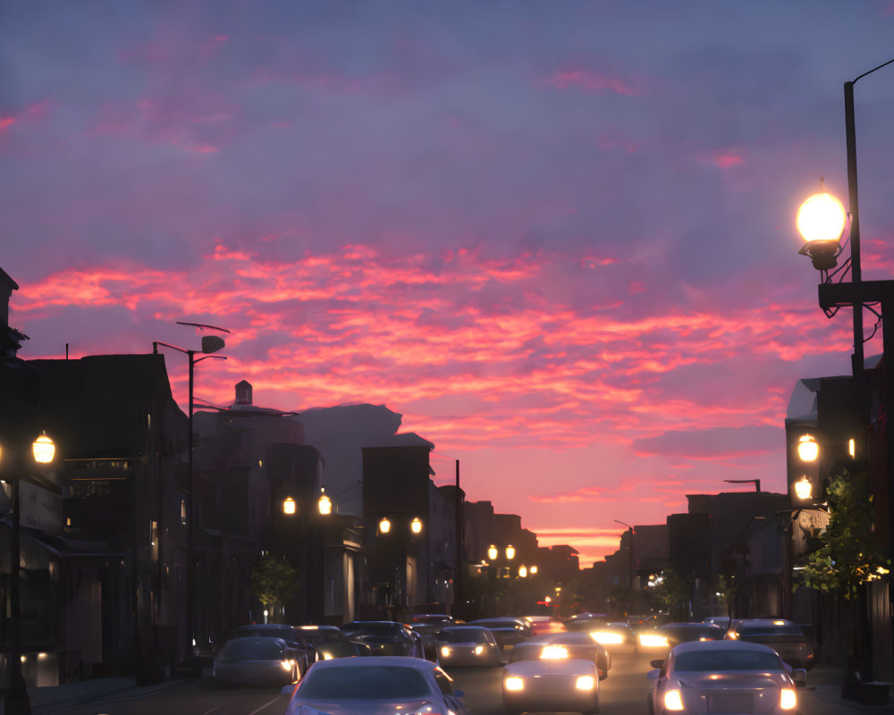 Urban street scene: dusk with streetlights, car headlights, pink and purple sunset sky