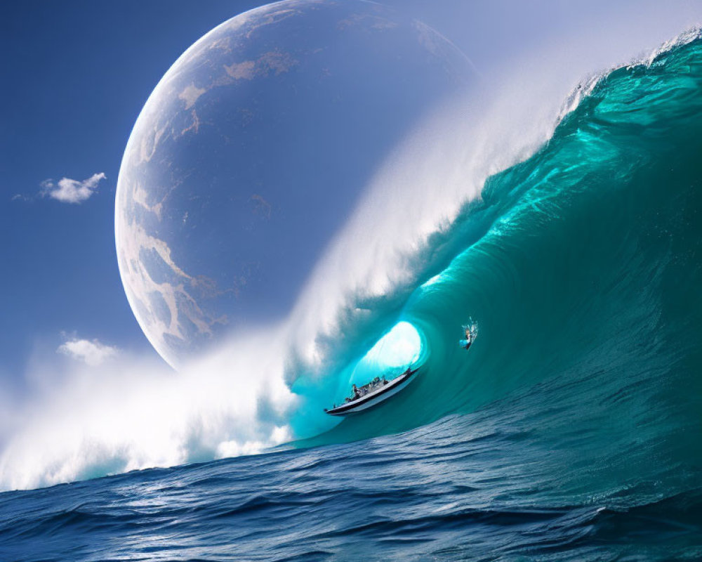 Massive moon over surfer riding giant blue wave in surreal scene