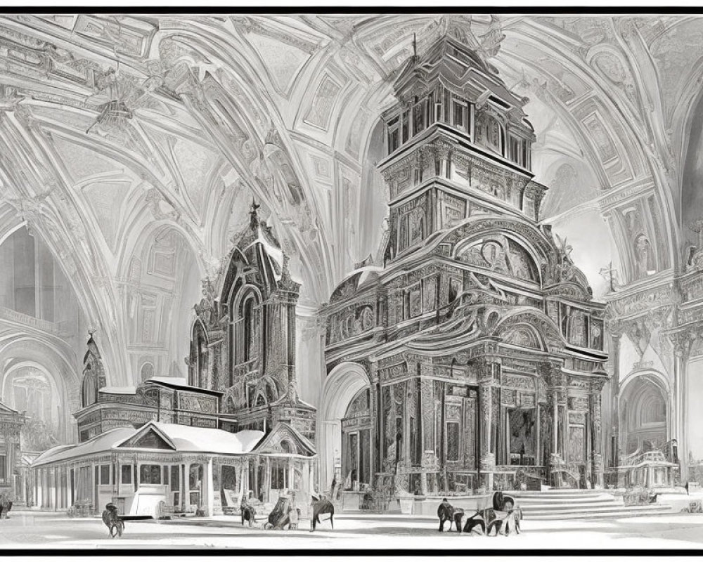 Detailed black and white drawing of opulent interior with vaulted ceilings and people.