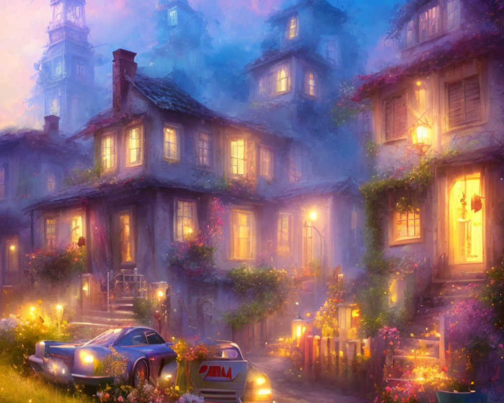 Twilight scene of mystical village with whimsical houses and classic car