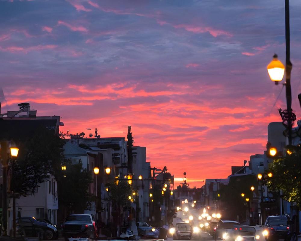 Vibrant pink and purple sunset over busy city street with cars and street lamps