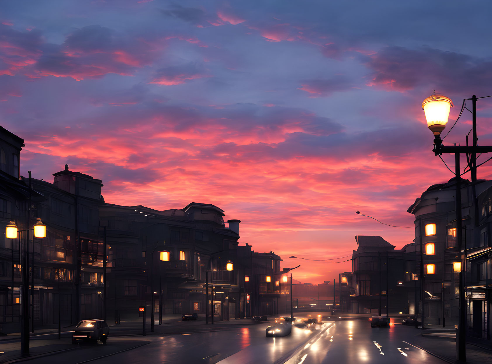 City street at dusk with glowing street lamps and car headlights under pink and orange sky