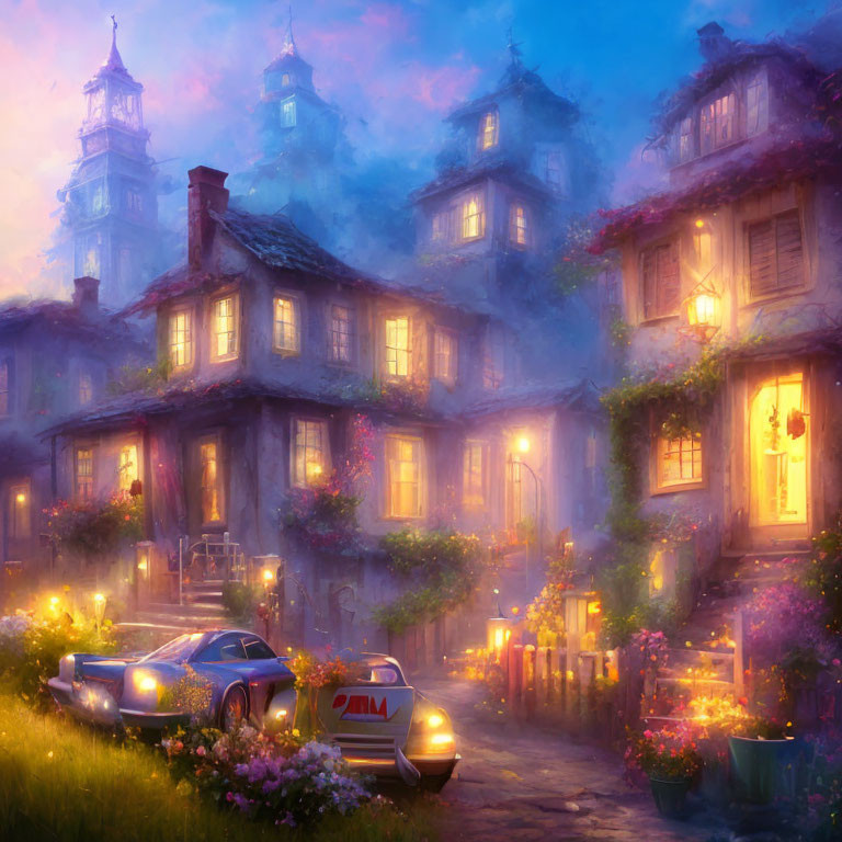 Twilight scene of mystical village with whimsical houses and classic car