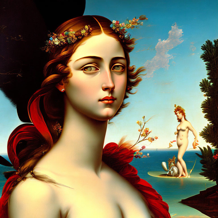 Woman with Flower Crown and Red Cloak in Serene Seascape