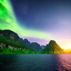 Tranquil lake with green aurora borealis over layered rock formations at twilight