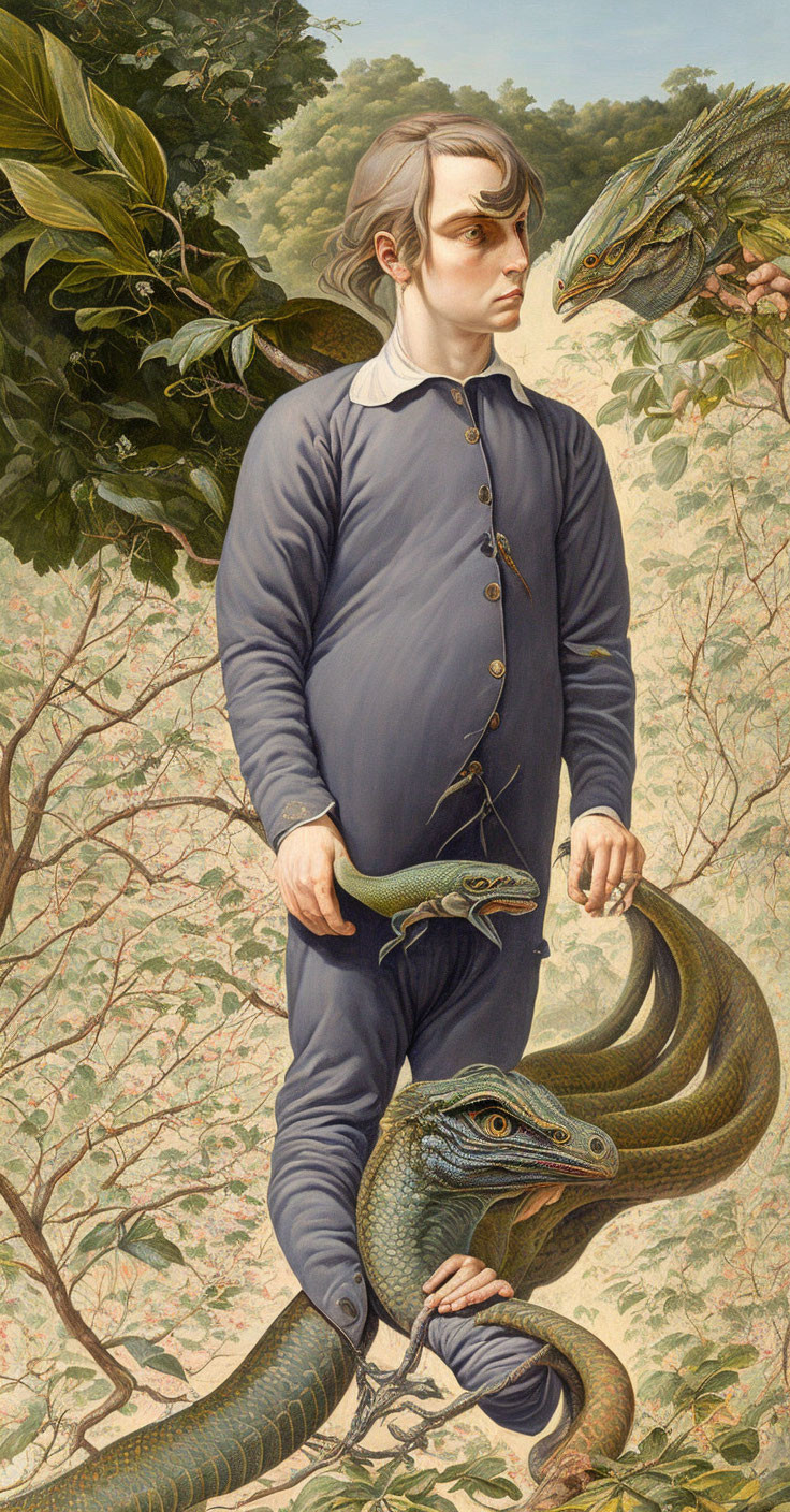 Vintage Outfit Person Holds Serpent in Forest Setting