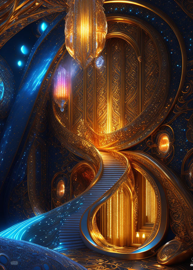 Golden staircase with celestial blue space and glowing orbs - a fantastical scene.