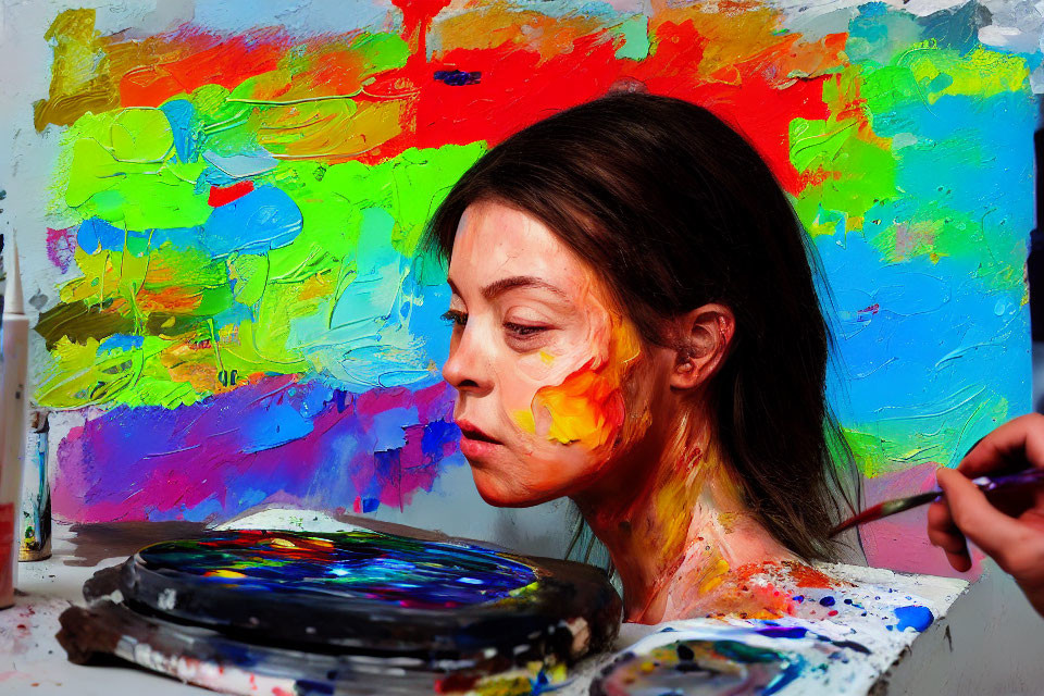 Colorful face paint and artist's palette against vibrant abstract backdrop