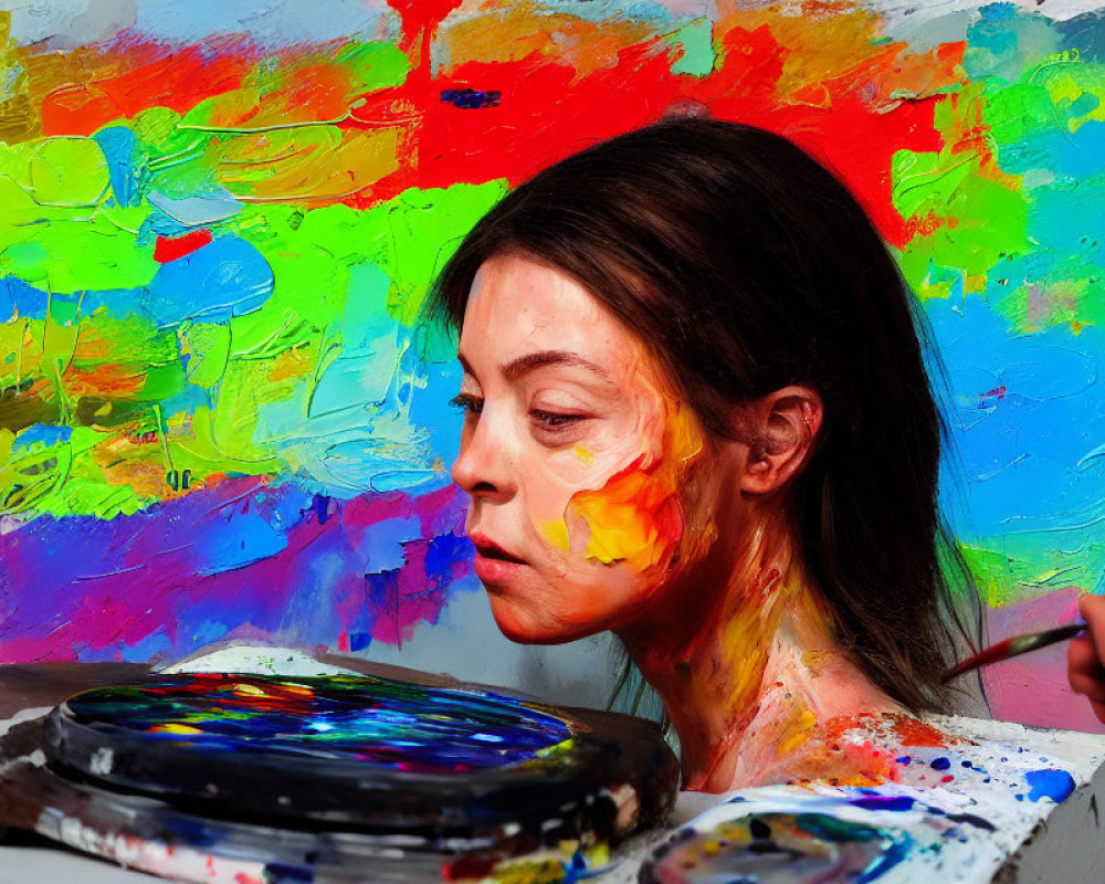 Colorful face paint and artist's palette against vibrant abstract backdrop