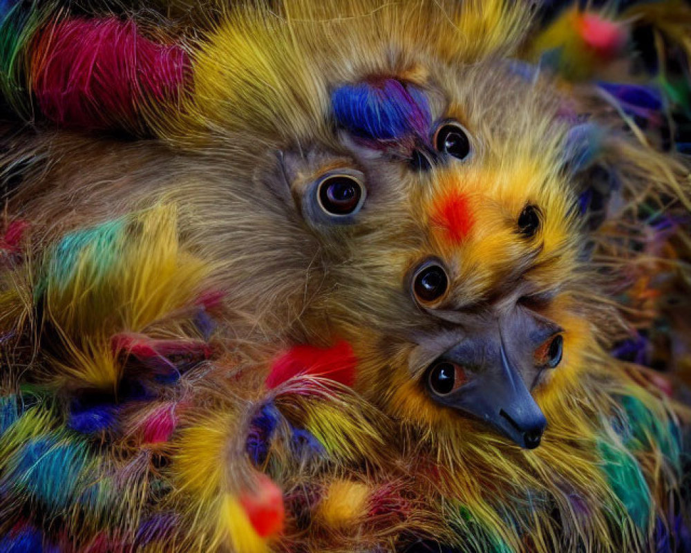 Surreal image of multicolored animal faces, primarily primate-like