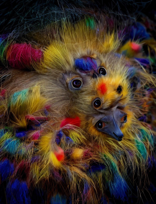Surreal image of multicolored animal faces, primarily primate-like