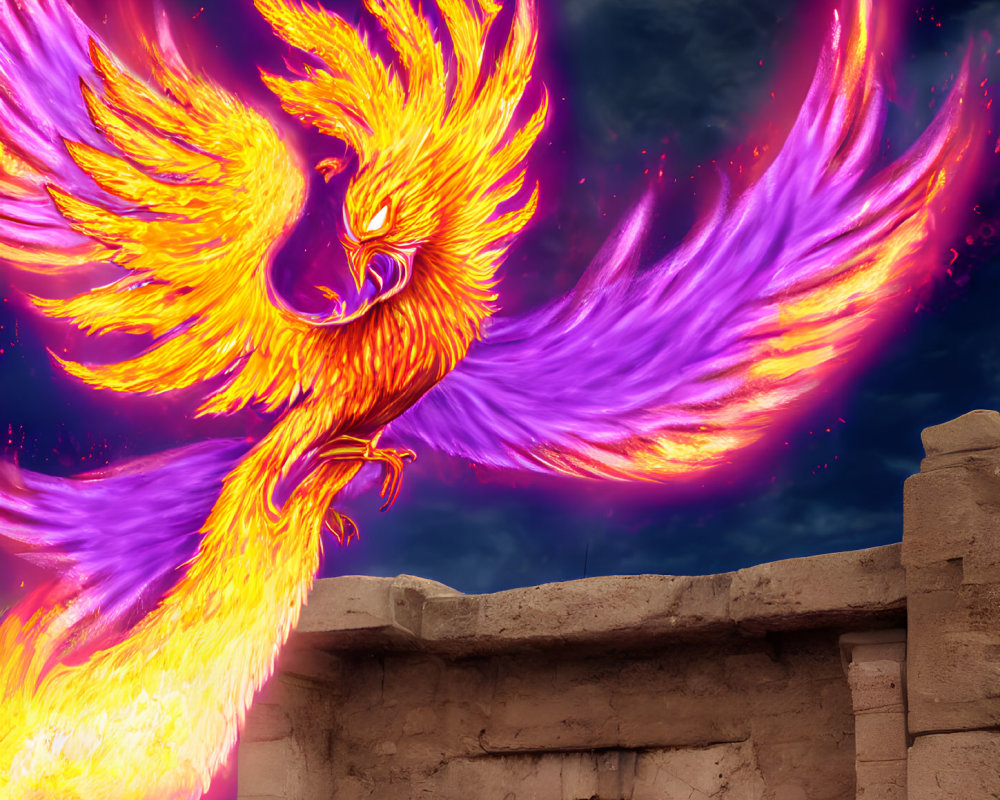 Colorful Phoenix Spreading Wings in Stone Ruins Landscape