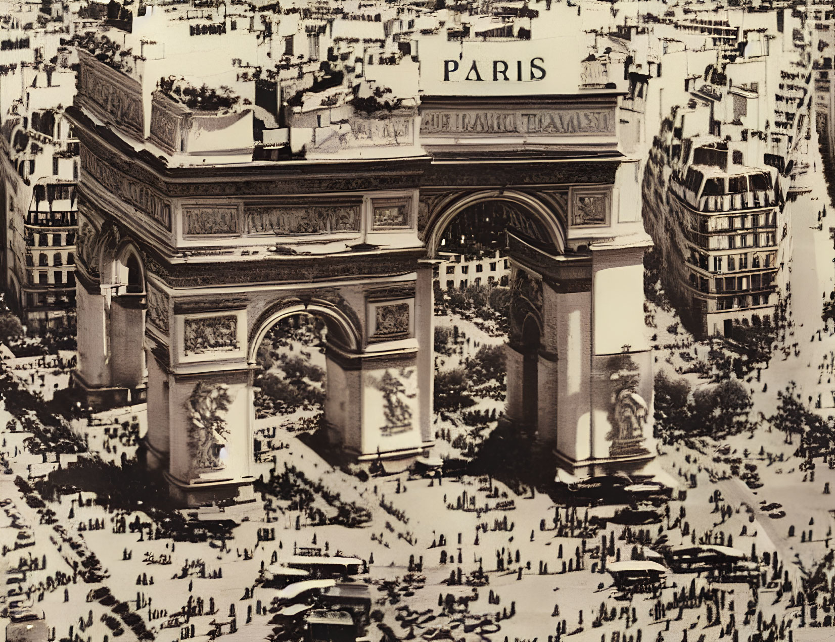 Monochrome Arc de Triomphe with "PARIS" overlay and vintage figures in a bustling scene