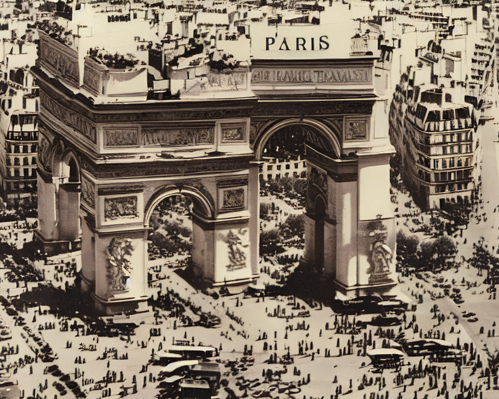 Monochrome Arc de Triomphe with "PARIS" overlay and vintage figures in a bustling scene